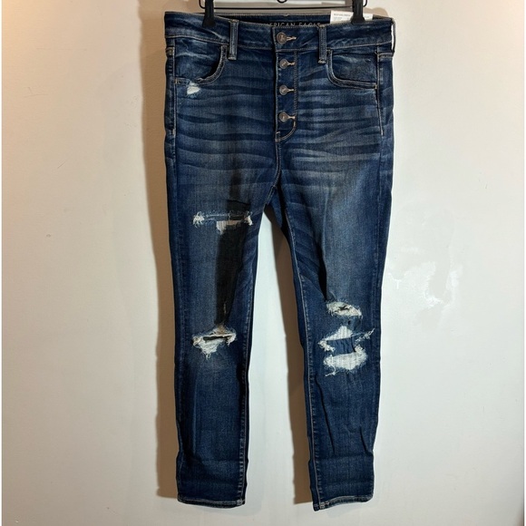 AMERICAN EAGLE Sz 14S High Rise Exposed Button Fly Distressed Jeans NEW - Picture 2 of 12